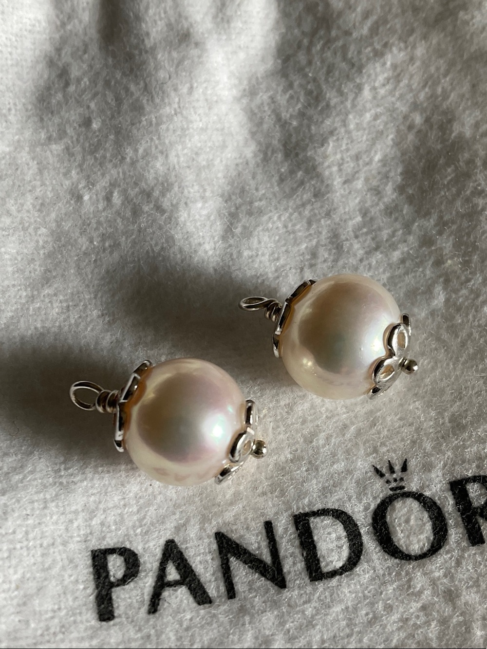 Pandora White Pearl Drop Earrings with Silver Floral Caps